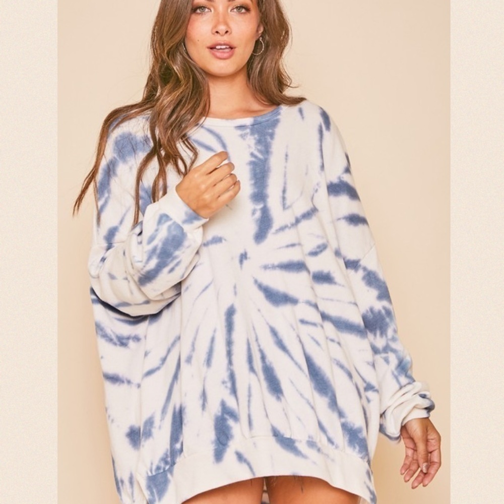 Denim Blue & White Tie Dyed Sweatshirt w/Slit